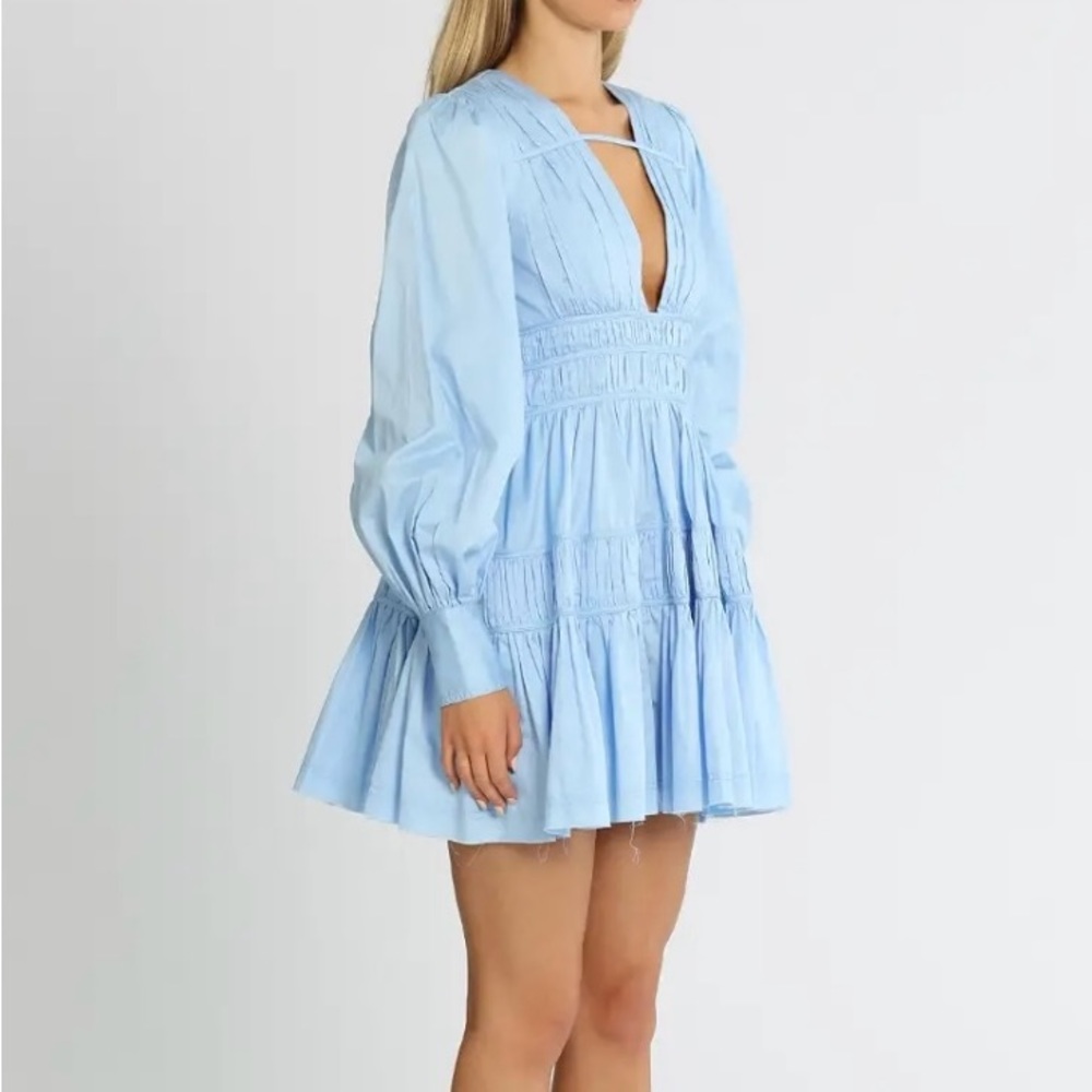 Fallingwater Ruched Cotton Blouson-Sleeve Mini Dress